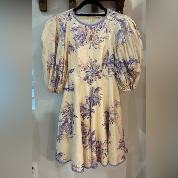 NWT Zimmermann Linen Day Mini Dress Pearl Palm Toile Puff Sleeve AU 0P (US 2) - Picture 2 of 11